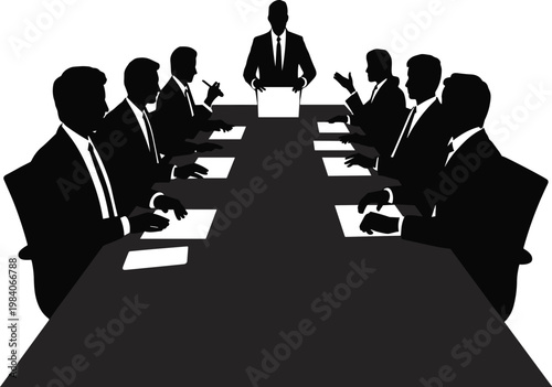 Silhouette of business meeting with eight people around a table vector illustration EPS PNG file