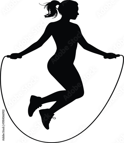 Silhouette of a woman jumping rope, isolated on white background