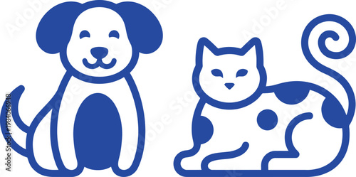A playful, blue cartoon illustration features a smiling dog and a spotted cat in a friendly pose.
