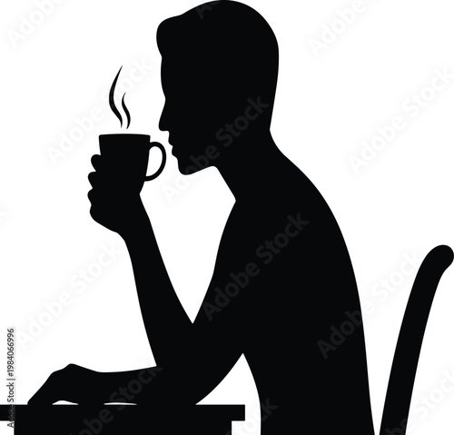 Black silhouette of a person sitting and drinking from a coffee cup vector illustration EPS PNG file