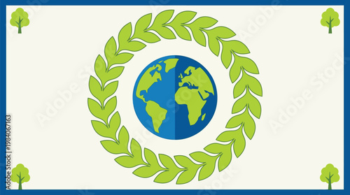 A stylized illustration shows the Earth encircled by green leaves, symbolizing environmental protection and global care.