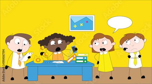 Office workers looking stressed in chaotic meeting illustration