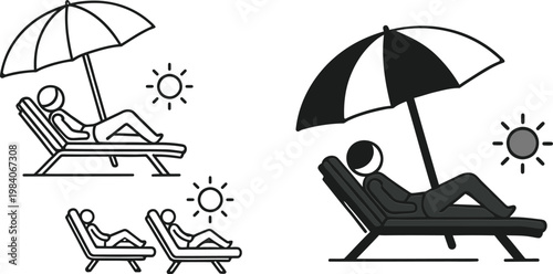 Relaxation and leisure a black and white illustration of beach loungers and umbrellas