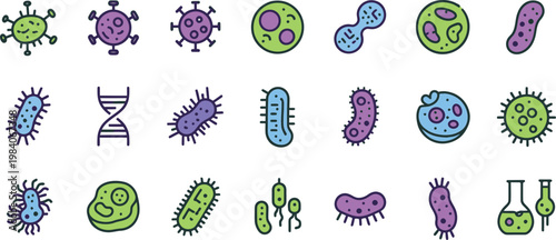 Colorful cartoon microorganisms a diverse collection of bacteria viruses and cellular structures