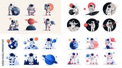 Modern abstract people illustration set with characters interacting with planets shapes and technology in creative flat style for digital concept and design