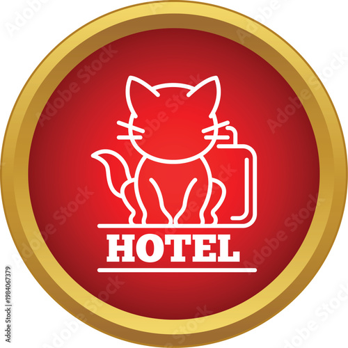 Cat with luggage and hotel text in a red and gold button