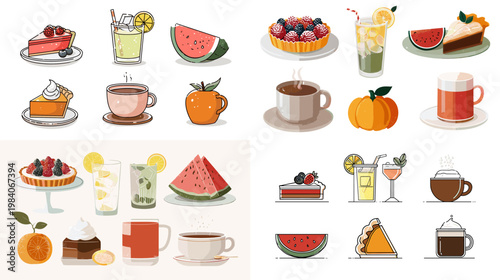 Colorful dessert and drink icon set with cake watermelon tea coffee lemonade and sweets in flat style for cafe menu bakery design and food illustration