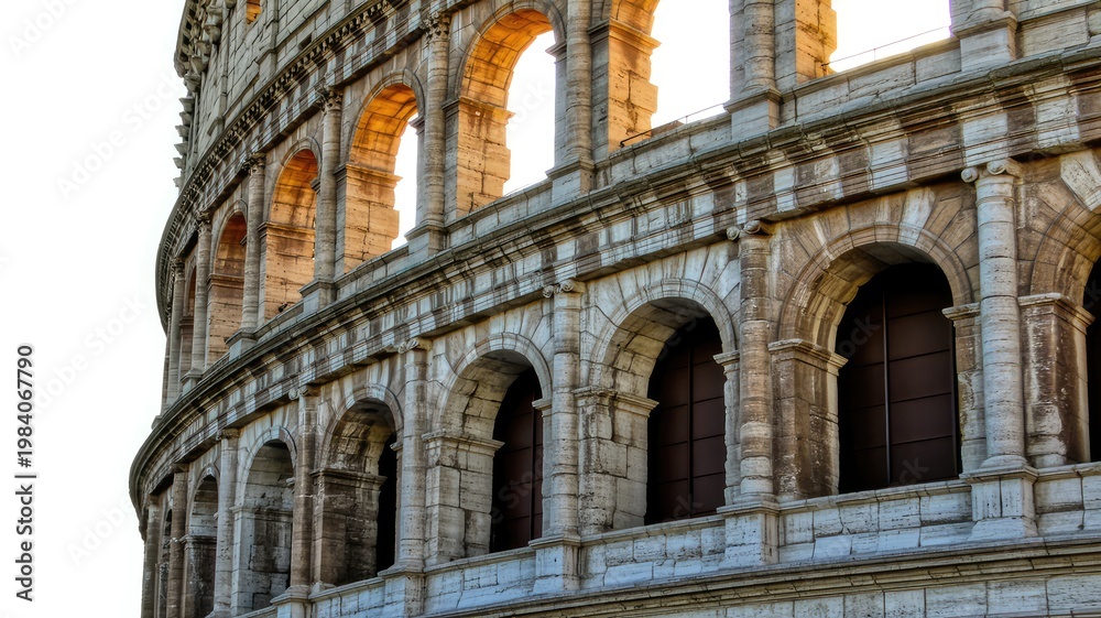 Obraz premium Close-up of the Colosseum arches in Rome, Italy, illuminated by warm sunlight against a bright white sky.