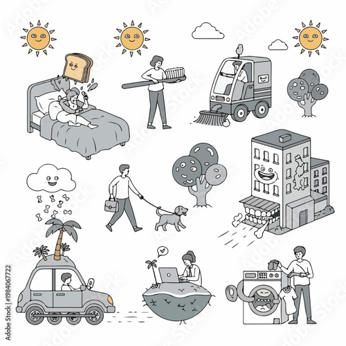 A collection of illustrations depicting daily life scenes