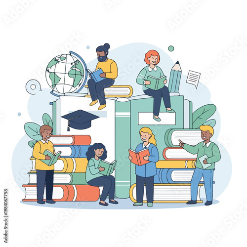 Students with books and graduation cap.