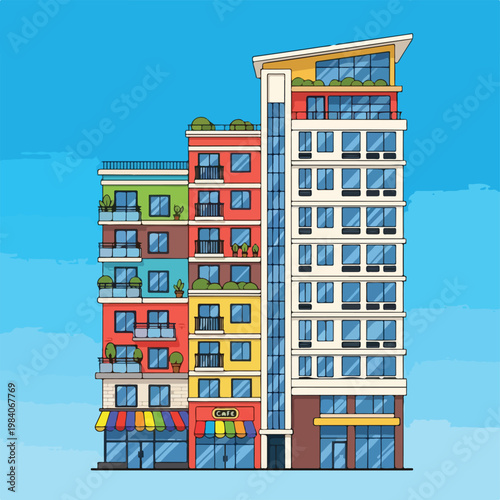 Modern colorful apartment residential building.