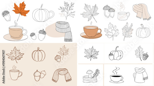 Autumn cozy icon set with cups scarves leaves pumpkins and sweaters in soft outline style for fall season decor greeting cards and warm lifestyle design