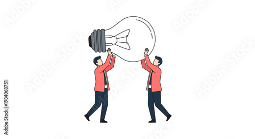 Two businessmen collaborating to carry a large light bulb on white background
