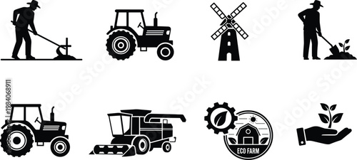 Agriculture farming silhouette icons set, eco farm emblem, tractor combine harvester, windmill rural life, sustainable plant growth, plow hoe cultivation