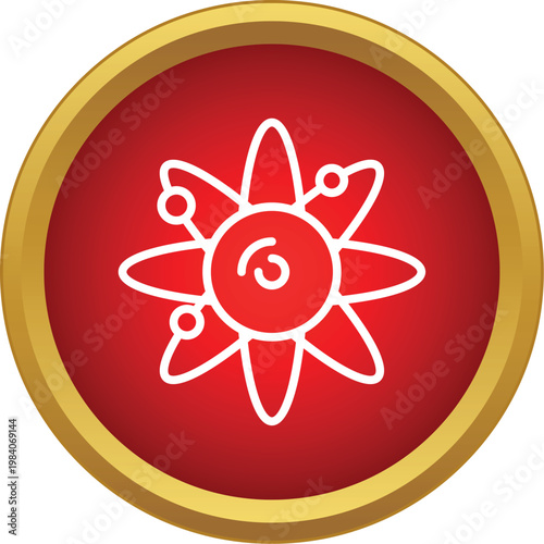 Atom icon displaying electrons orbiting a central nucleus within a red circle with a golden border