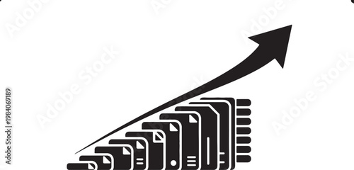 Black upward arrow over stack of documents on transparent background.