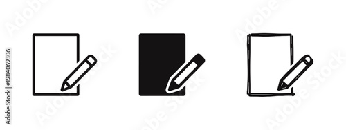Paper Sheet with Pencil Icon Set - Note Taking and Sketching Draft Symbols