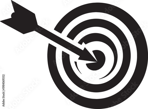 Black bullseye target icon with arrow hitting center goal achievement.