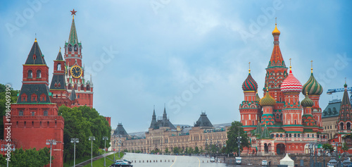 Wide panorama of Red Square with Saint Basil Cathedral and Kremlin in Moscow with copy space