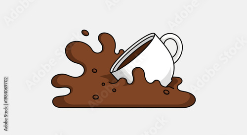 Cartoon illustration of a white mug spilling brown coffee with a splash effect.
