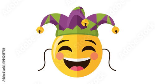 Laughing yellow emoji wearing a purple and green jester hat isolated on white background