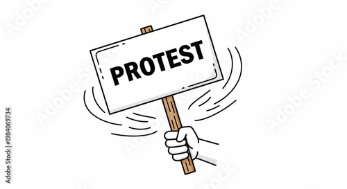 Cartoon hand holding a 'PROTEST' sign.