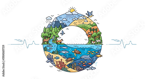 Circular line art illustration of global nature ecosystem and wildlife habitat conservation.