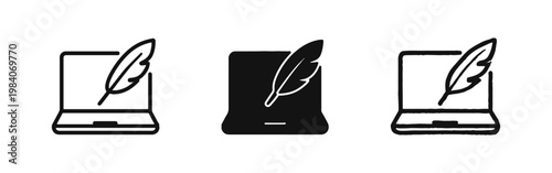 Laptop with Feather Quill Icon Set - Creative Writing, Blogging, and Digital Storytelling Symbols