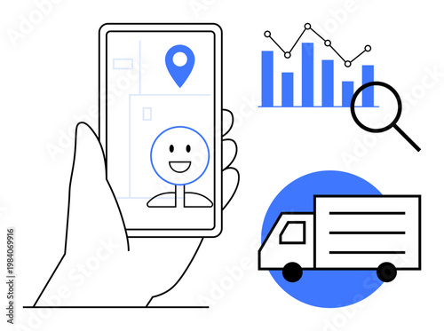 Route optimization, logistics management, data analysis, transportation, navigation, technology tools. A hand holding a phone with a map and truck icon. Logistics and route optimization focus