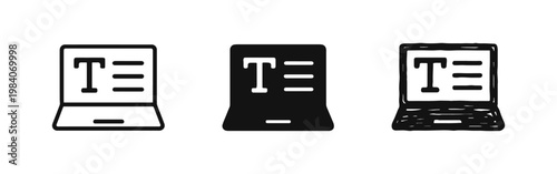 Laptop with Text Icon Set - Copywriting, Digital Content Creation, and Online Article Writing Symbols
