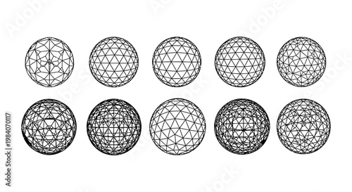 geodesic spheres with complex geometric wireframes and triangular patterns