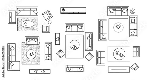 living room layout floor plans with various furniture arrangements top view for modern interior design and home decor.