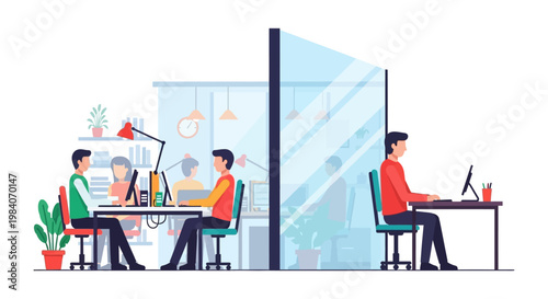 office workers practicing social distancing in a coworking space with a glass partition creating a safe modern office environment.