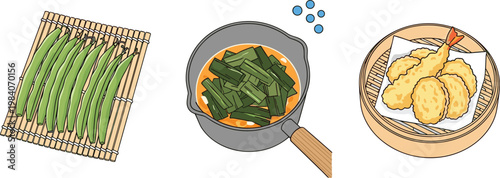 Okra Vegetable and Cooking Collection with Fresh Pods Stir Fried Dish and Tempura Snacks Food Vector Illustration Set