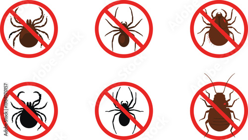 No Insect Sign Collection with Spider Ant and Bug Prohibition Symbols Pest Control Warning Icon Vector Illustration Set
