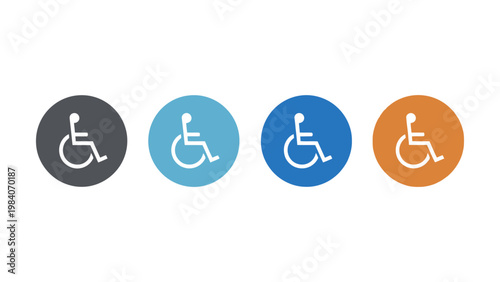 wheelchair symbol icons displayed on colorful circular backgrounds representing accessibility and universal design for inclusive public spaces.
