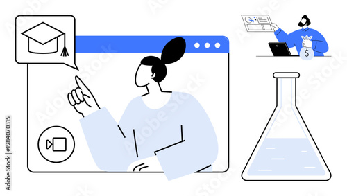 Education, online learning, research, financial analysis, technology, scientific innovation. A person interacting with virtual educational tools, money and science. Online learning and technology