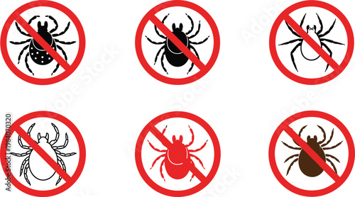 No Spider Sign Collection with Prohibited Spider Symbols Pest Control Warning Icons Vector Illustration Set
