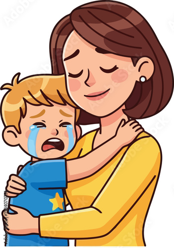 Mother comforting her crying little boy.