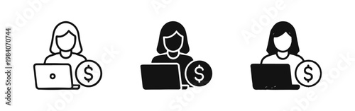Woman Freelancer Working on Laptop Icon Set - Remote Work, Online Earnings, and Finance Symbols