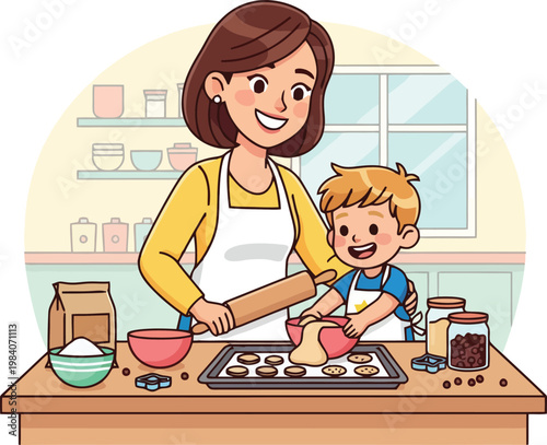 A woman and a child baking cookies.