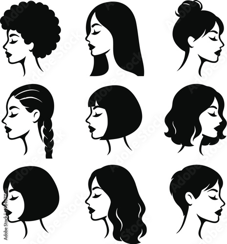 Black and white vector illustration of womens heads with different hairstyles
