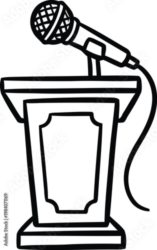 Vector sketch illustration of a public speaking podium with a wired microphone, perfect for conference, seminar, and debate event concepts, on a transparent background.