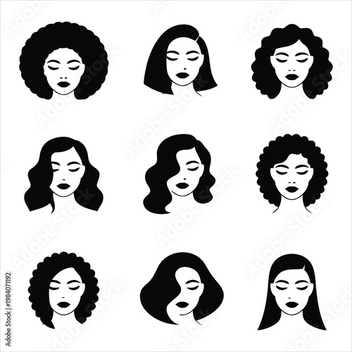 Set of nine black and white minimalist female face icons with various hairstyles