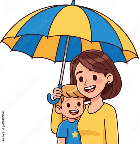 happy mother and child under umbrella.