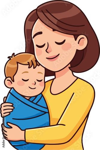 A woman holding a sleeping baby close.