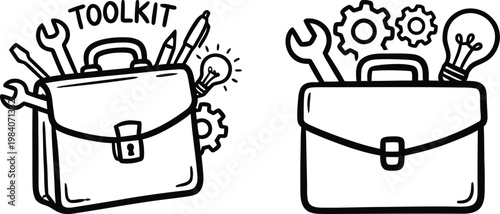 Hand-drawn doodle illustration of a business toolkit concept featuring a professional briefcase overflowing with tools, gears, and a lightbulb idea, isolated on a transparent background.