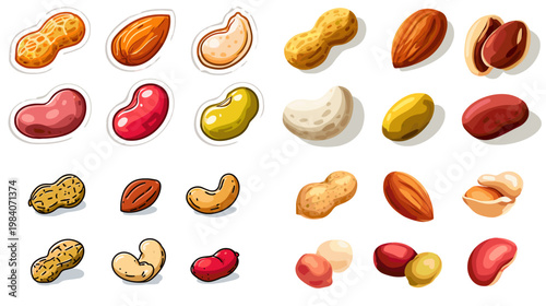 Assorted nuts and beans icon set with peanut almond cashew pistachio and colorful legumes in realistic flat style isolated on white for healthy food design