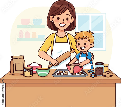 Woman and child baking cookies together.