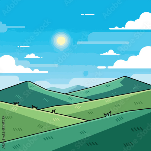 Rolling Green Hills Under Blue Sky.